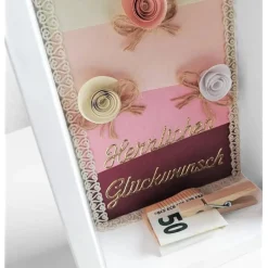 Verpackung für Geldgeschenk – Geschenkbox mit Papierrosen, Herzlichen Glückwunsch, Vintage, Unikat