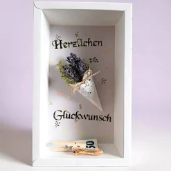 Verpackung für Geldgeschenk – Geschenkbox mit Lavendel, Herzlichen Glückwunsch, Handarbeit, Unikat