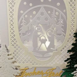 Versandfertige Elegante Teelichtkarte Aufstellkarte Krippe Weihnachtskarte mit Effektfolie, weiß-grün, Handarbeit