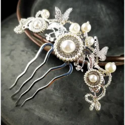 verzierter Haarkamm, silber-weiss, Brautschmuck, festlich