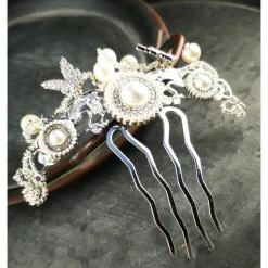 verzierter Haarkamm, silber-weiss, Brautschmuck, festlich