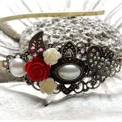 verzierter Haarreif, Vintage-Stil, Haarreifen, Cabochon, Blume, Rosen, Haarschmuck,Hochzeit, Kommunion,bronzefarben,02