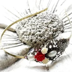 verzierter Haarreif, Vintage-Stil, Haarreifen, Cabochon, Blume, Rosen, Haarschmuck,Hochzeit, Kommunion,bronzefarben,02