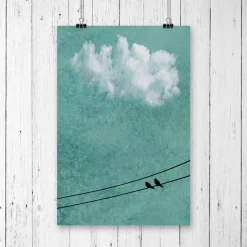 Vögel auf der Stromleitung, weiße Wolke am Himmel, Fotografie und Illustration, Poster grün, Größe 45 x 30 cm oder DIN A4