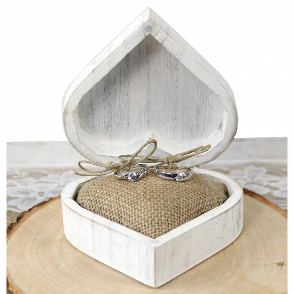 Vintage RINGBOX aus HOLZ Herz Ringkissen Shabby Chic Weiß + GRAVUR Rustikale Hochzeit Ringkästchen für Eheringe Ringschatulle Personalisiert