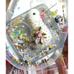 Vogel Ornament creme bunt beidseitig bestickt Unikat Osterdeko handmade shabby chic Wohneko