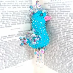 Vogel Ornament türkis rosa beidseitig handbestickt Unikat Osterdeko Shabby Chic Landhausstil