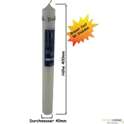 von Hand verzierte, schlichte weiße Taufkerze in enzian oder rosa mit Pax, Fisch und Wellen, Schriftzug -Hl. Taufe-