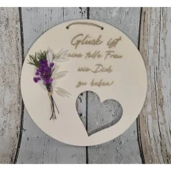 Wanddeko, Holzschild mit Spruch, Herz & Trockenblumen – Geschenk, 20cm, Pappelholz
