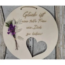Wanddeko, Holzschild mit Spruch, Herz & Trockenblumen – Geschenk, 20cm, Pappelholz