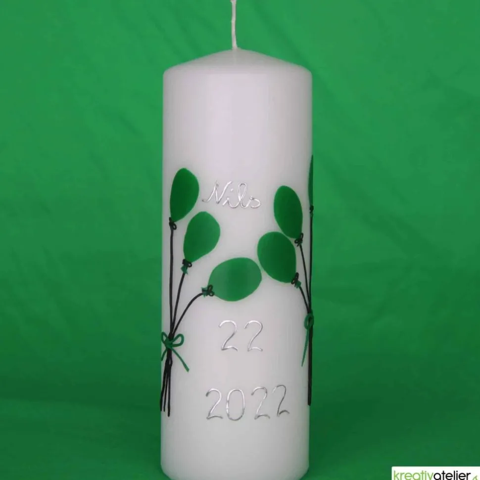 weiße Geburtstagskerze mit Luftballons, personalisierbar, Geburtstagsgeschenk, persönliches Geschenk, bunte Luftballons