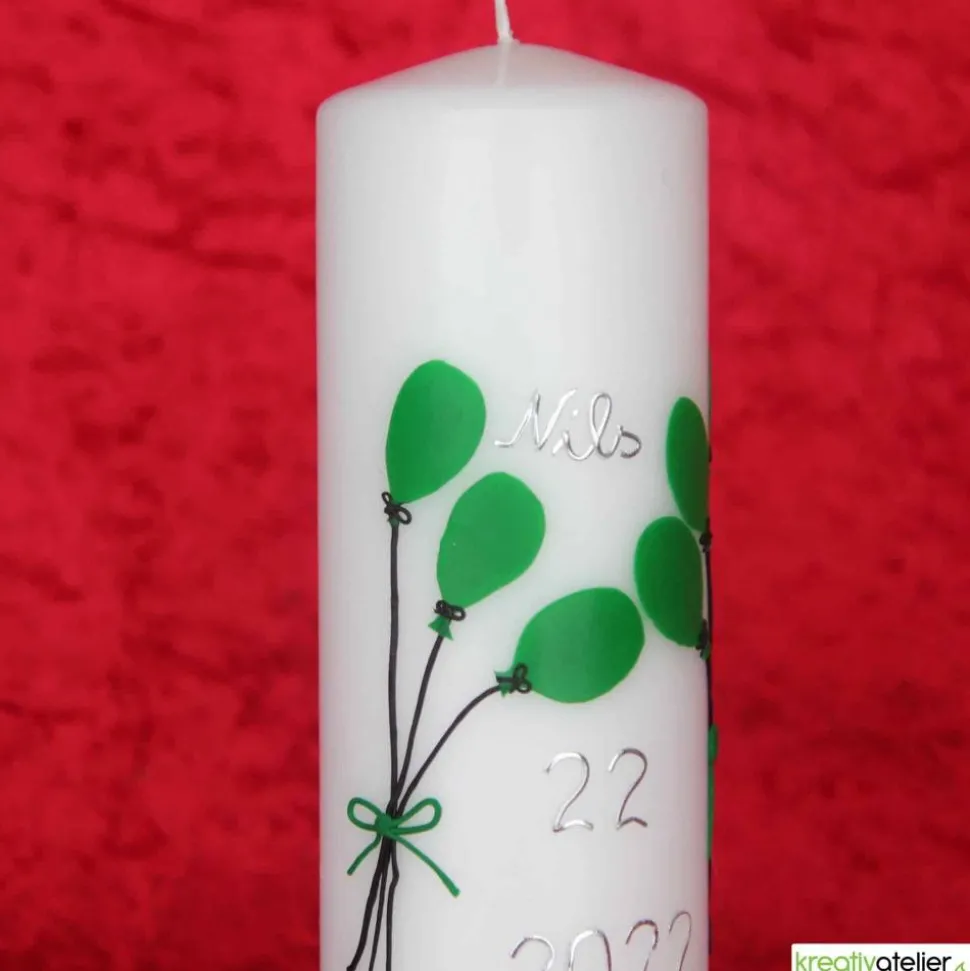 weiße Geburtstagskerze mit Luftballons, personalisierbar, Geburtstagsgeschenk, persönliches Geschenk, bunte Luftballons