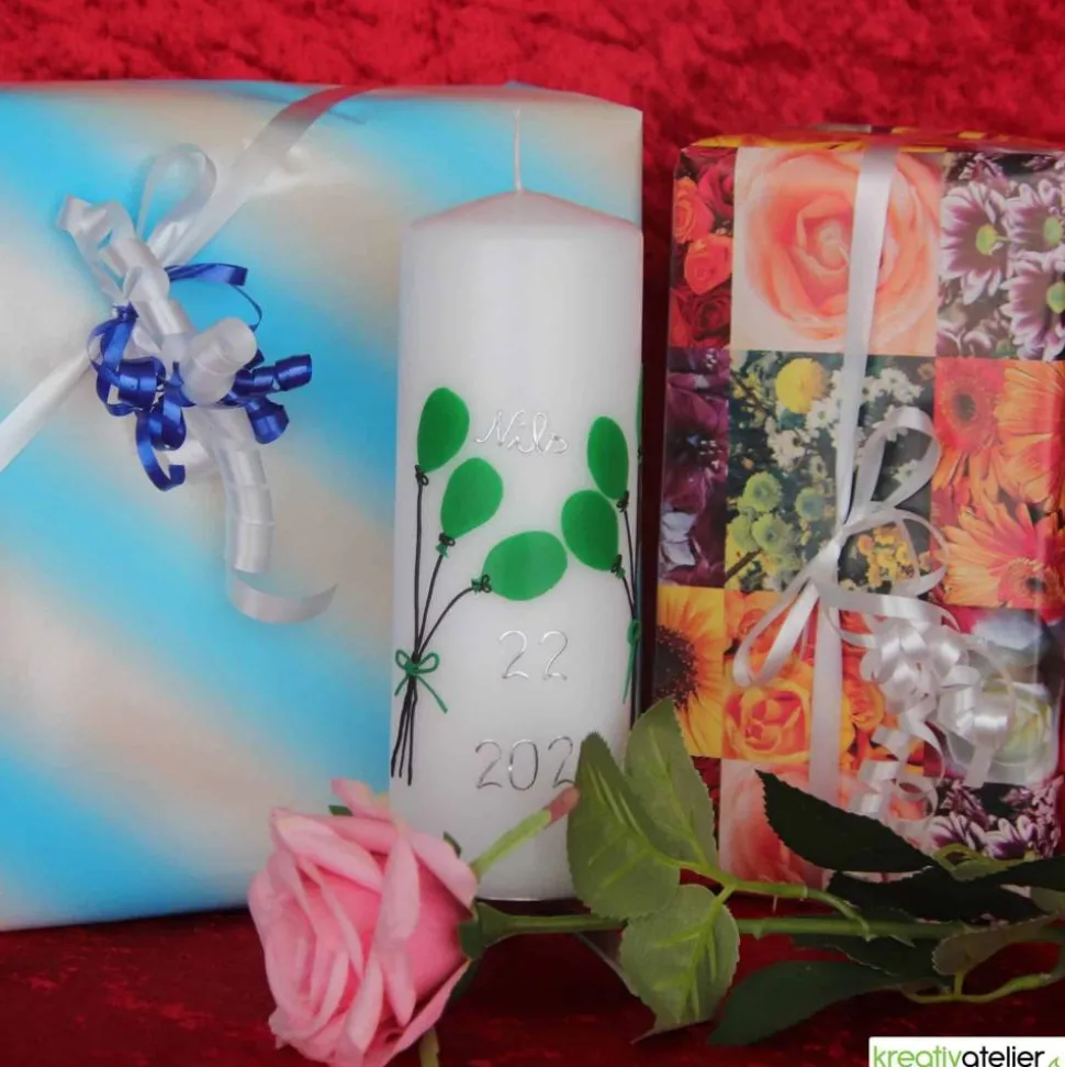 weiße Geburtstagskerze mit Luftballons, personalisierbar, Geburtstagsgeschenk, persönliches Geschenk, bunte Luftballons