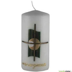 weiße, kleine Trauerkerze/Gedenkkerze mit Kreuz und Echtwachsbeschriftung 