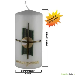weiße, kleine Trauerkerze/Gedenkkerze mit Kreuz und Echtwachsbeschriftung 