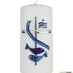 Weiße Konfirmationskerze mit Fischen, Kreuz und Weihwasser – Silber-Blau verziert, personalisierbar