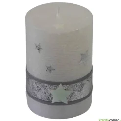 weiße Rustic Weihnachstkerze mit Perlmutt-Oberfläche, Sternen und antik-silbernem Echtwachsband, Weihnachtsdeko