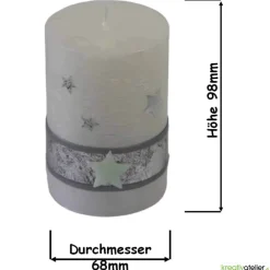 weiße Rustic Weihnachstkerze mit Perlmutt-Oberfläche, Sternen und antik-silbernem Echtwachsband, Weihnachtsdeko
