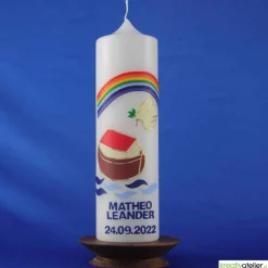 weiße Taufkerze Arche Noah mit Regenbogen und Taube, wunderschöne handgefertigte Taufkerze für Jungen und Mädchen