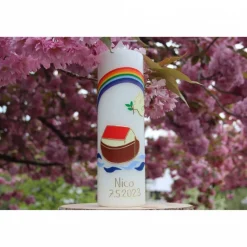 weiße Taufkerze Arche Noah mit Regenbogen und Taube, wunderschöne handgefertigte Taufkerze für Jungen und Mädchen