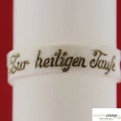 weiße Taufkerze mit Pax, Lorbeerzweig und Taube auf goldener Kachel, gold verziert schlanke Taufkerze handmade