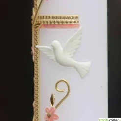 Weiße Taufkerze Taube, Kreuz und Blumenranke, blau für Jungen oder rosa für Mädchen personalisierbar mit Namen und Datum
