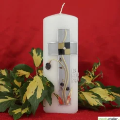 weiße Trauerkerze, Gedenkkerze "In stiller Trauer", groß, silber-gold verziert, personalisierbar