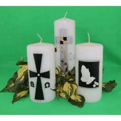 weiße Trauerkerze mit byzantinischem Kreuz, schwarz/silber verziert, Gedenkkerze, Kerze zum Gedenken an Verstorbene