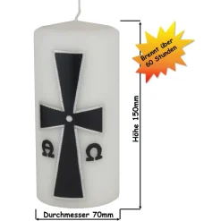 weiße Trauerkerze mit byzantinischem Kreuz, schwarz/silber verziert, Gedenkkerze, Kerze zum Gedenken an Verstorbene