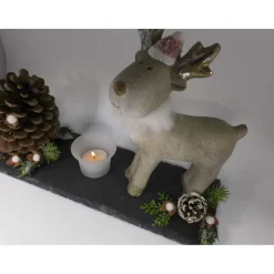Weihnachten Advent Deko Elch mit Teelicht auf Schieferplatte – Landhausstil Tischdeko 40 x 10 cm
