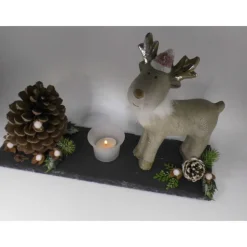Weihnachten Advent Deko Elch mit Teelicht auf Schieferplatte – Landhausstil Tischdeko 40 x 10 cm