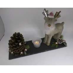 Weihnachten Advent Deko Elch mit Teelicht auf Schieferplatte – Landhausstil Tischdeko 40 x 10 cm