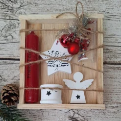 "Weihnachten to Go" Geschenkset in Holzbox ~ Stabkerze mit Kerzenständer und Deko ~ Engel ~ Anhänger Stern