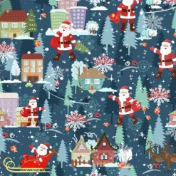 Weihnachten-Stoffe Baumwolldruck – Weihnachtsmann mit Schlitten auf jeansblau, Meterware, Weihnachtsstoffe, 100% Baumwolle