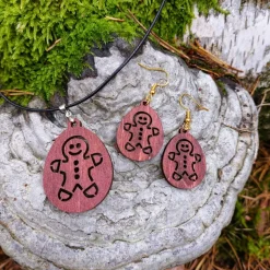 Weihnachtliche Holz-Ohrringe & Kette "Lebkuchenmann" – natürlicher Schmuck, handgemacht