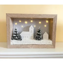 Weihnachtlicher Bilderrahmen mit beleuchtetem, verschneitem Dorf – winterliche Deko zum Hängen oder Stellen