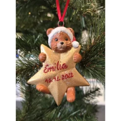 Weihnachtsbaumschmuck - Teddybär mit Stern - Personalisierbar - Keramik -