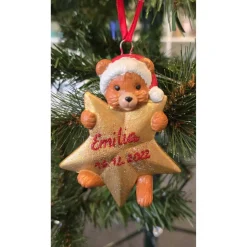 Weihnachtsbaumschmuck - Teddybär mit Stern - Personalisierbar - Keramik -