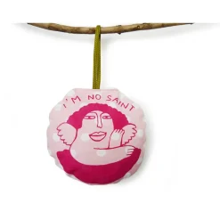 Weihnachtsbaumschmuck, Nadelkissen, I'm no saint, handgenäht und handbedruckt