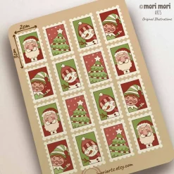 Weihnachtsbriefmarken Stickerbogen, dekorative Geschenkanhänger, Weihnachtsmann, Wichtel, Weihnachtsbaum, Schneeman 2x3