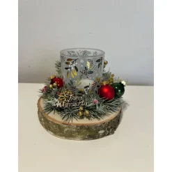 Weihnachtsdeko auf Baumscheibe mit Hirsch Teelichtglas