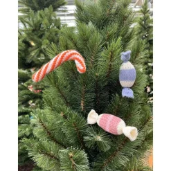 Weihnachtsdeko Bonbon gestrickt Christbaumschmuck Anhänger Geschenkanhänger aus Baumwolle rosa blau gelb grau