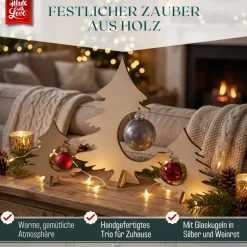 Weihnachtsdeko Holz 3er Set, handgefertigte Holztannen mit Glaskugeln, Tannenbaum Deko für Zuhause
