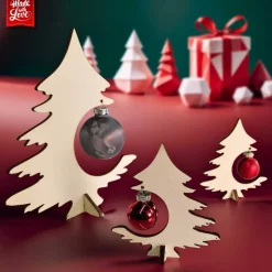 Weihnachtsdeko Holz 3er Set, handgefertigte Holztannen mit Glaskugeln, Tannenbaum Deko für Zuhause