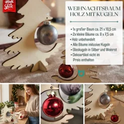 Weihnachtsdeko Holz 3er Set, handgefertigte Holztannen mit Glaskugeln, Tannenbaum Deko für Zuhause