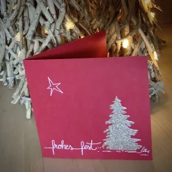 WEIHNACHTSKARTE - Tannenbaum aus Glitzerkarton gestanzt, handgeschrieben, Klappkarte mit passendem roten Umschlag