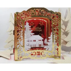Weihnachtskarte Aufstellkarte rot gold glänzend Diorama dreidimensional