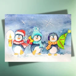 Weihnachtskarte Drei kleine Pinguine – Handillustrierte Aquarellkarte auf Kraftpapier