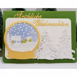 Weihnachtskarte in weiß und gold Schneekugel mit glitzernder Winterlandschaft