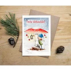 Weihnachtskarte "kleiner Wichtel", Faltkarte für Kinder zu Weihnachten, niedliche Klappkarte, Original Illustrat